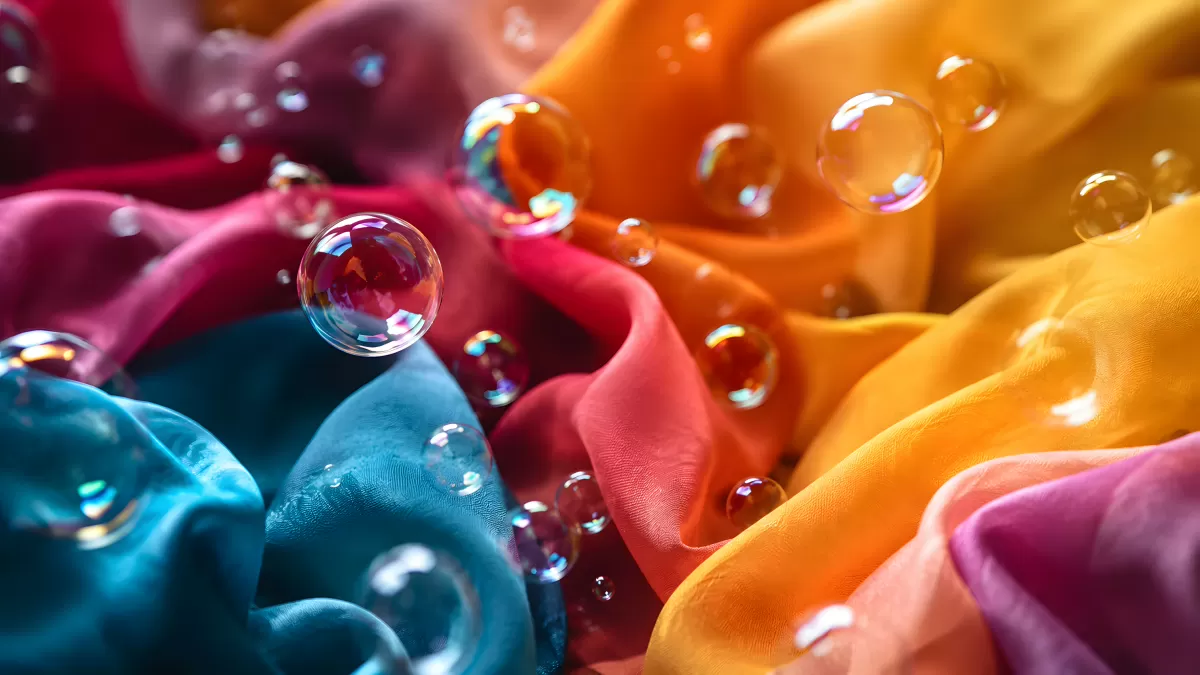 Bunte Seidenstoffe mit schimmernden Seifenblasen