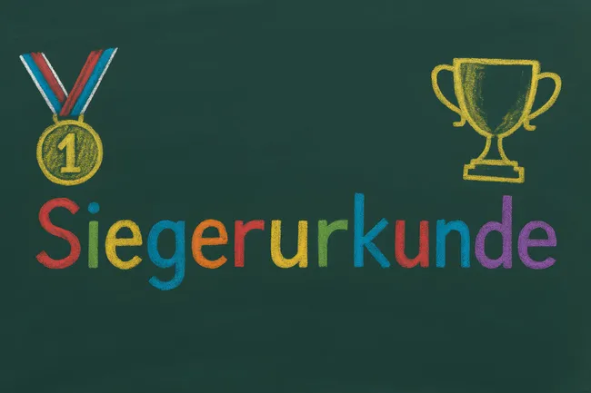 Bunte Siegerurkunde mit Goldpokal auf Kreidetafel
