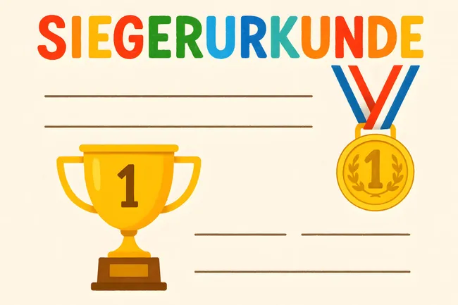 Bunte Siegerurkunde mit Pokal und Medaille