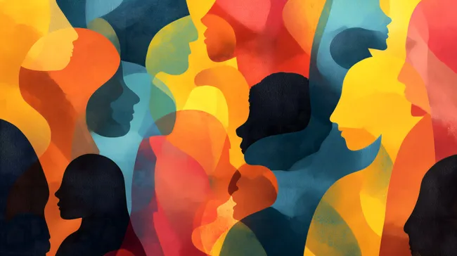 Bunte Silhouetten-Gesichter in warmen Tönen