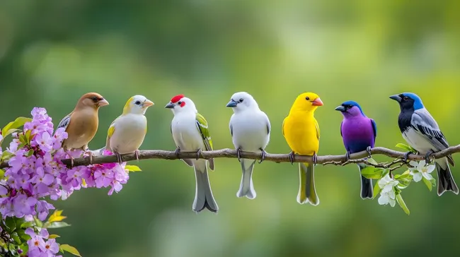 Bunte Singvögel auf blühenden Kirschblütenzweigen