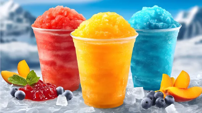 Bunte Slush-Eisgetränke auf Eis mit Früchten