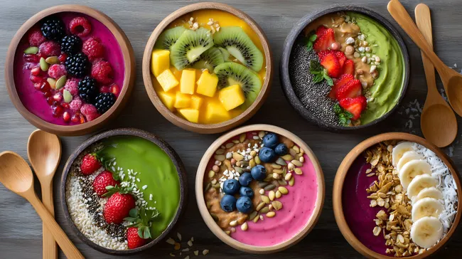 Bunte Smoothie-Bowl mit frischem Obst und Superfoods
