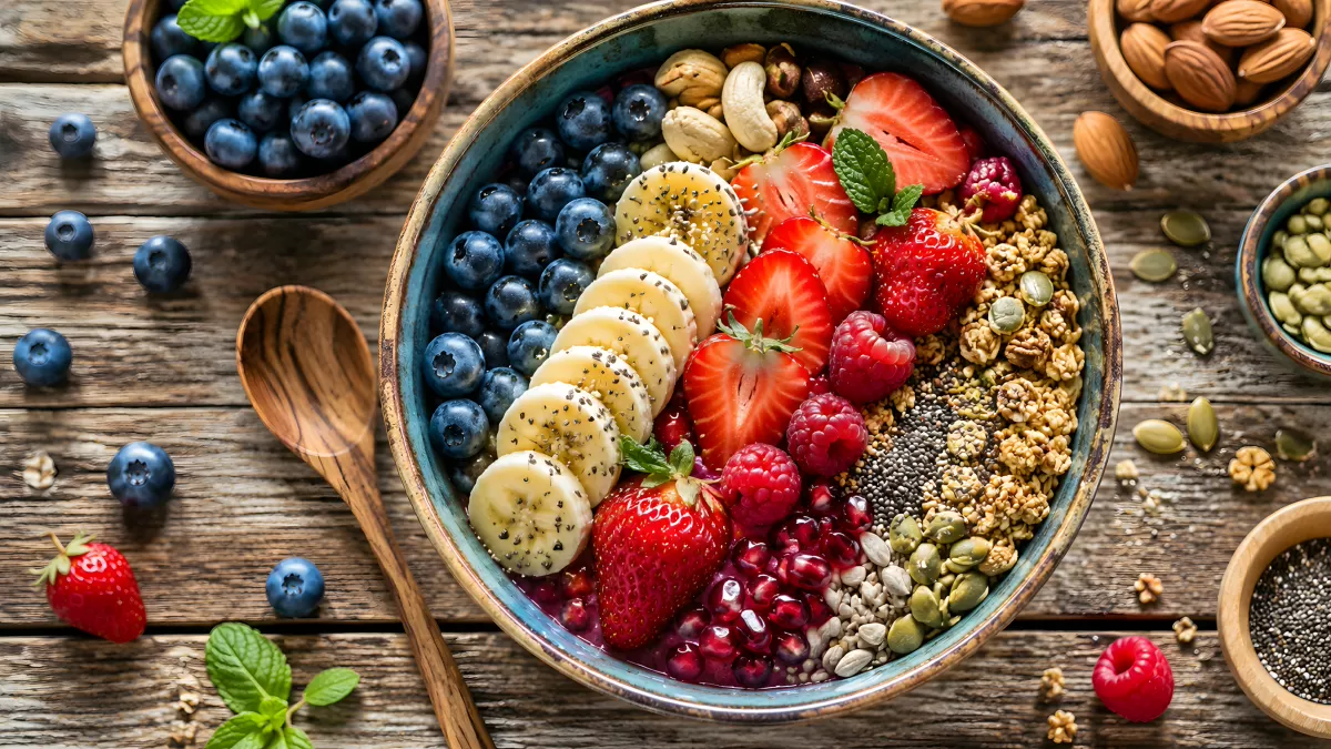 Bunte Smoothie Bowl mit Früchten und Granola