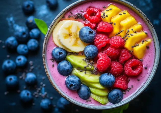 Bunte Smoothie-Bowl mit tropischen Früchten