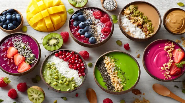 Bunte Smoothie-Bowls mit frischem Obst und Superfood-Zutaten