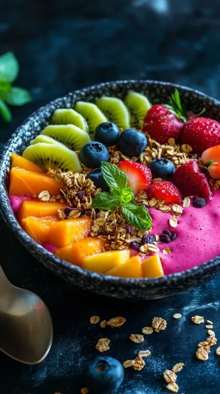 Bunte Smoothie-Schale mit Obst, Beeren und Müsli