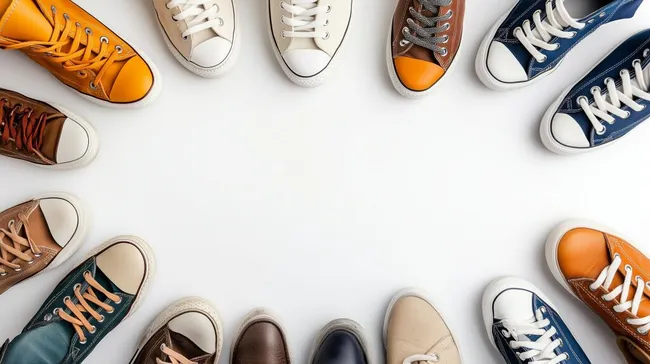 Bunte Sneaker in Kreisanordnung auf weißem Hintergrund