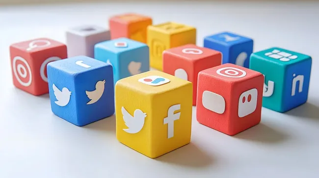 Bunte Social-Media-Würfel mit Logos