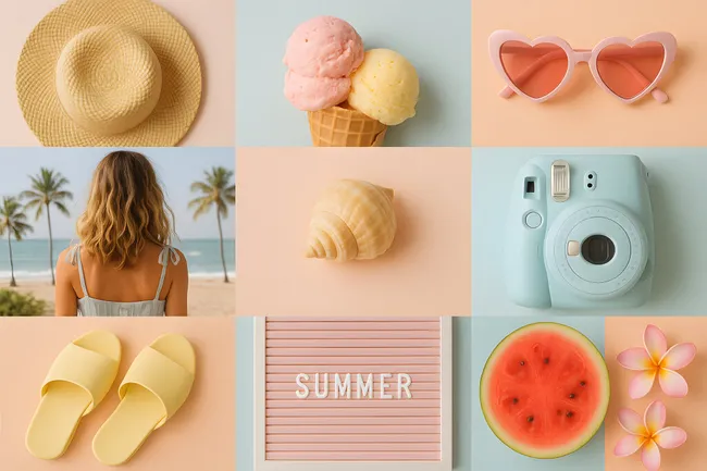 Bunte Sommer-Stillleben mit Frucht und Accessoires