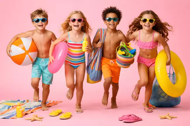 Bunte Sommer-Strandszene mit fröhlichen Kindern