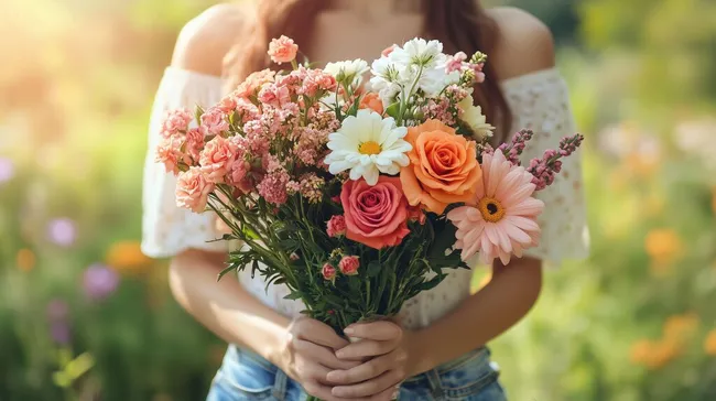 Bunte Sommerblumenstrauß in Frauenhänden