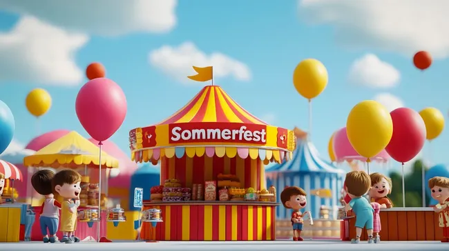 Bunte Sommerfeststände mit fröhlichen Kindern