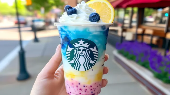 Bunte, sommerliche Frappuccino-Kreation mit Beeren