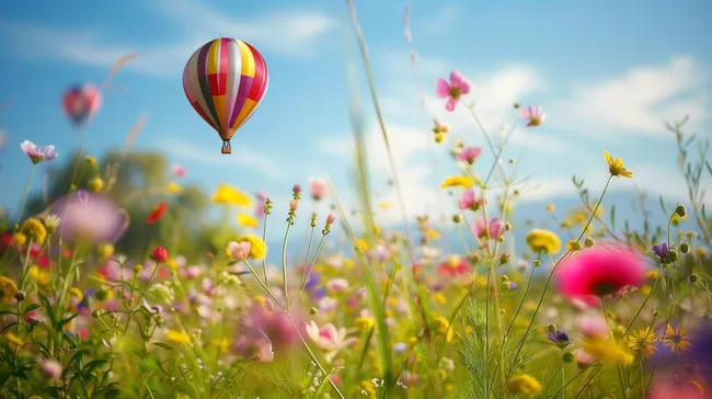Bunte Sommerwiese mit Heißluftballon am Himmel