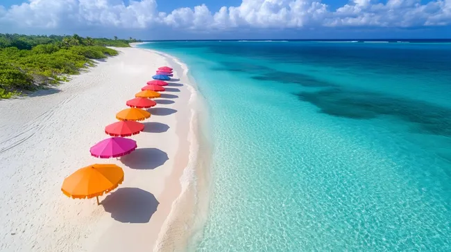 Bunte Sonnenschirme am tropischen Sandstrand