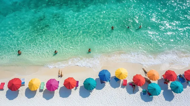 Bunte Sonnenschirme am türkisblauen Strand