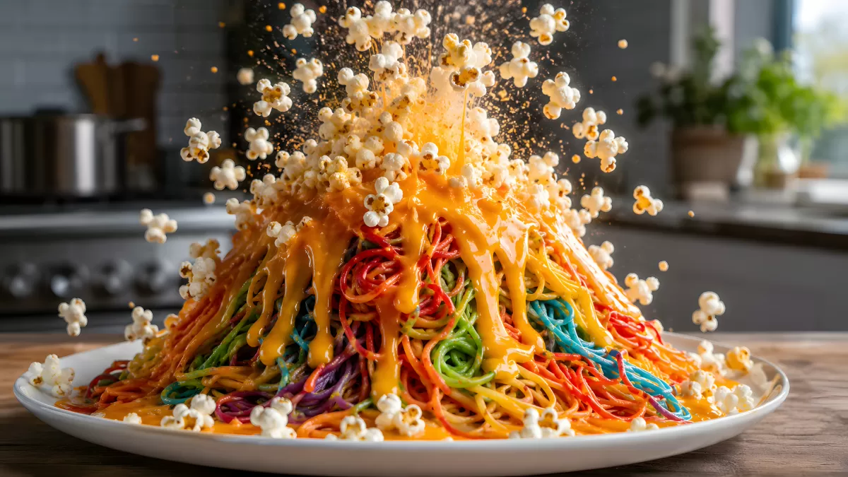 Bunte Spaghetti-Vulkan mit Käsesauce und Popcorn