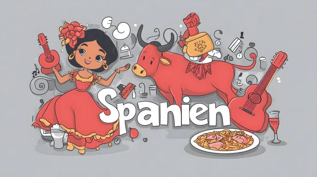 Bunte Spanien-Illustration mit Flamenco-Tänzerin und Stierkopf