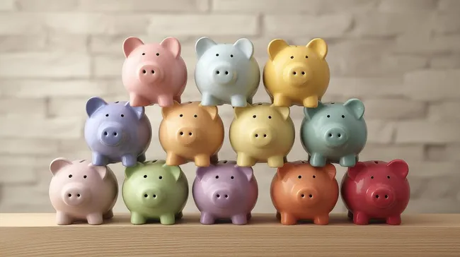 Bunte Sparschweine auf Holztisch vor Mauer