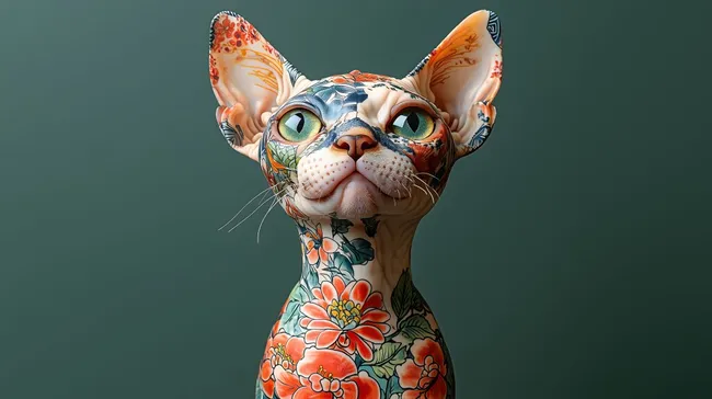 Bunte Sphynx-Katze mit Blumenmuster
