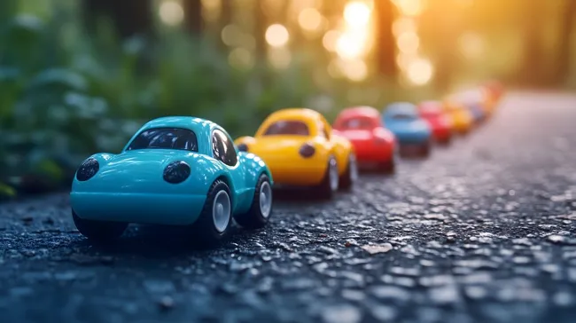 Bunte Spielzeugautos nach dem Regen auf der Straße