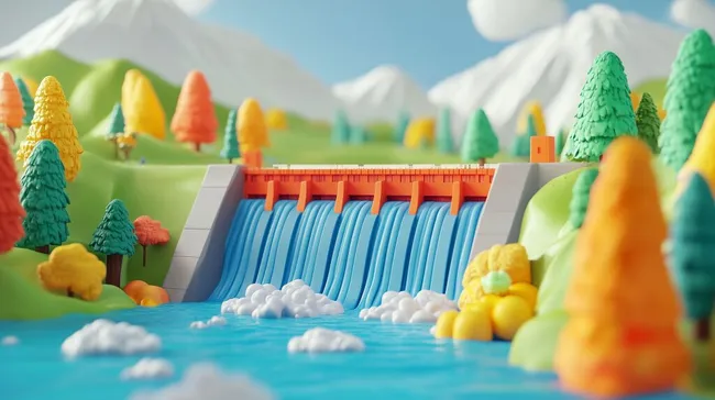 Bunte Spielzeuglandschaft mit Wasserkraftwerk