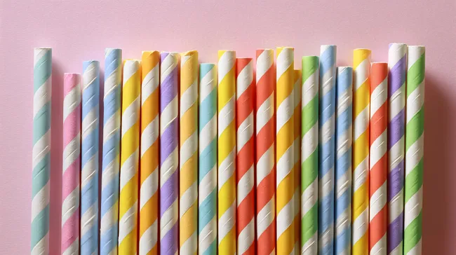 Bunte, spiralförmige Papierstrohhalme auf Pastellhintergrund