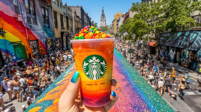 Bunte Starbucks-Frappuccino-Kreation in bunter Straßenszene