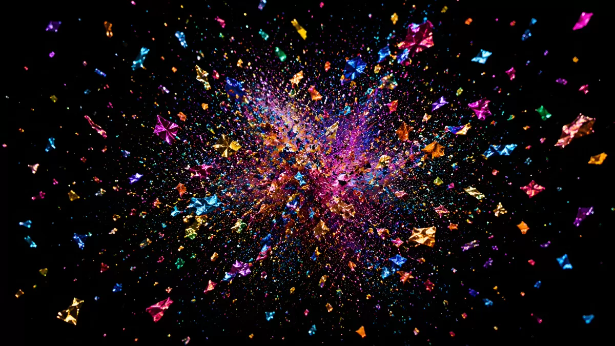 Bunte Sternenkonfetti-Explosion auf schwarzem Hintergrund