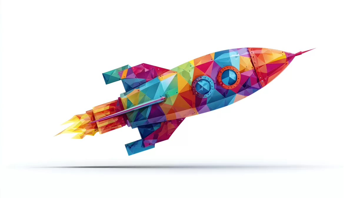 Bunte, stilisierte Rakete im Low-Poly-Design