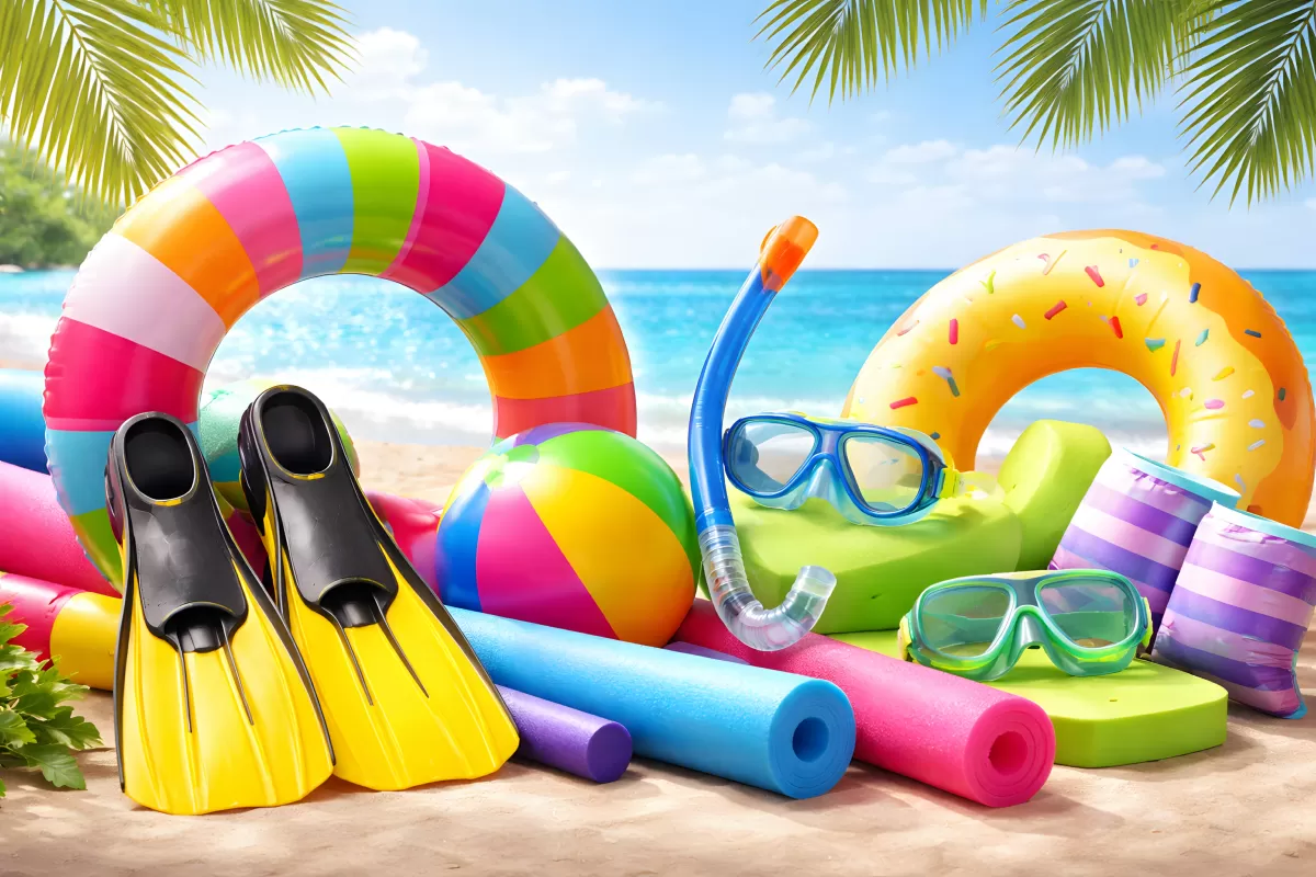 Bunte Strandausrüstung mit Schwimmringen am Meer