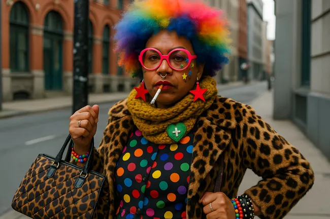 Bunte Straßeninszenierung mit Regenbogenperücke und Leopardenmantel