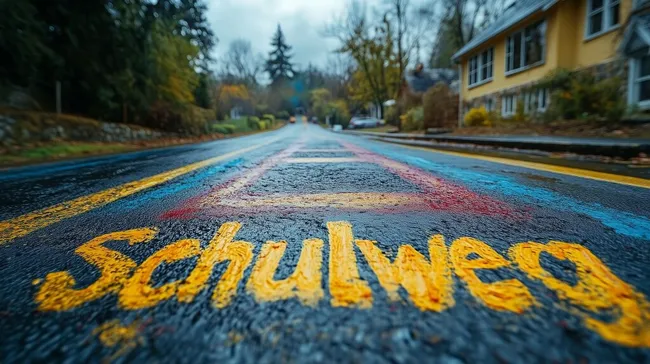 Bunte Straßenmarkierung in rustikaler Landschaftskulisse