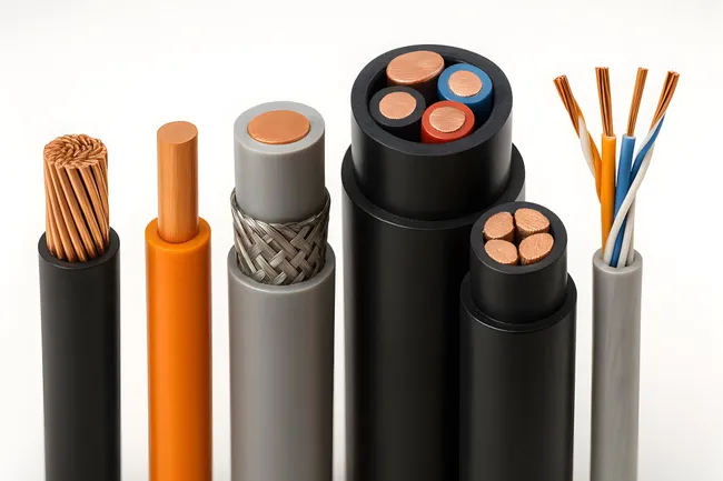 Bunte Stromleitungen und Kabel auf weißem Hintergrund