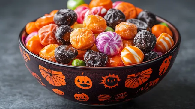 Bunte Süßigkeiten-Mischung in dekorativer Halloween-Schale