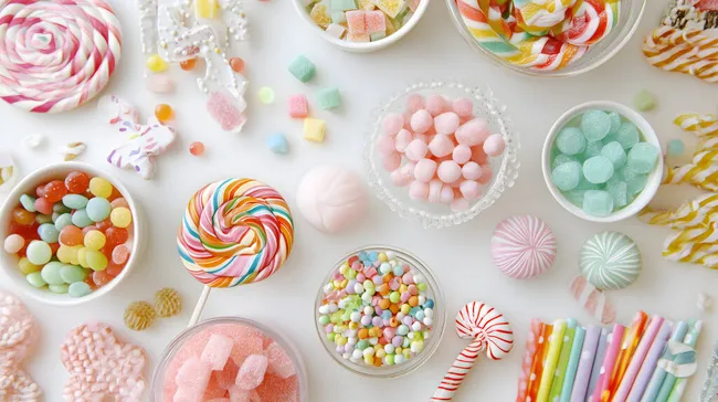 Bunte Süßigkeiten und Bonbons auf weißem Tisch