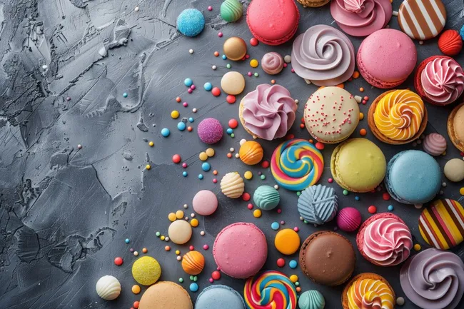 Bunte Süßigkeiten und Gebäckstücke auf Betonoberfläche
