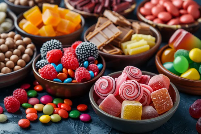 Bunte Süßigkeitenauswahl auf dunklem Hintergrund