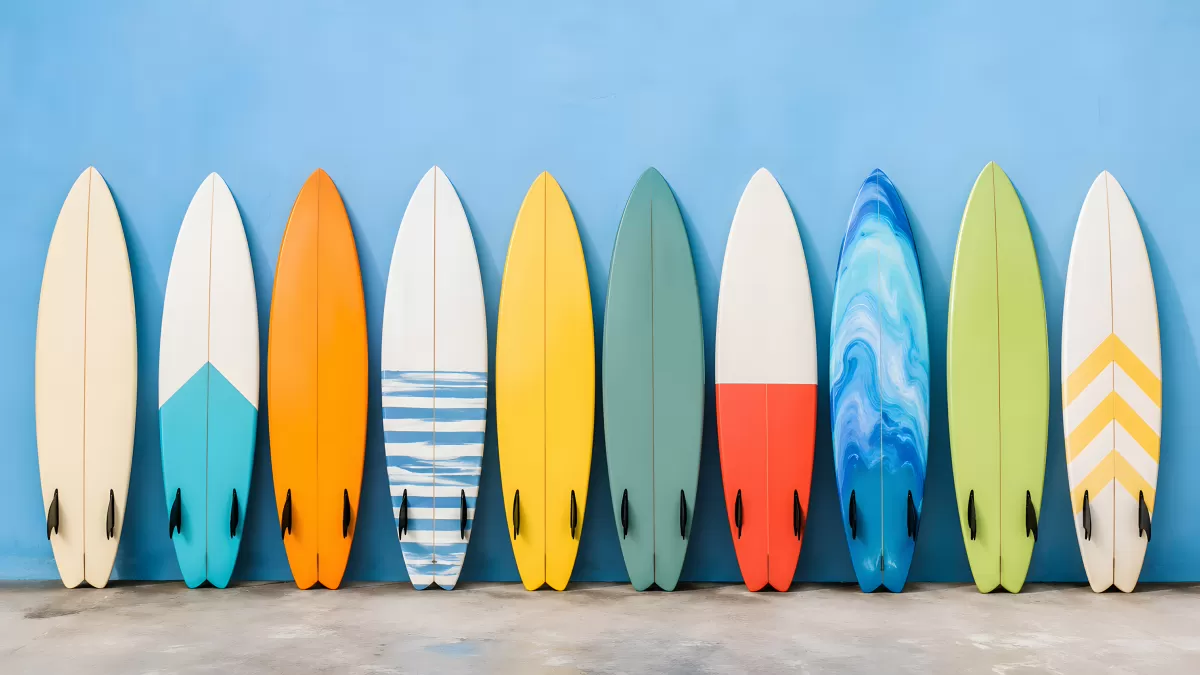 Bunte Surfbretter an blauer Wand aufgereiht