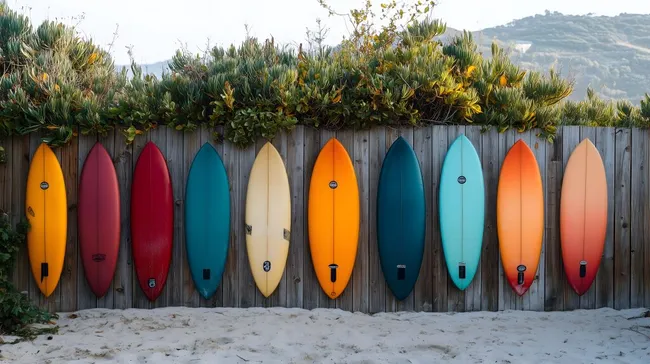 Bunte Surfbretter an Holzzaun am Strand