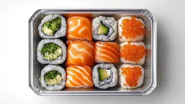 Bunte Sushi-Auswahl in Aluschale zum Mitnehmen