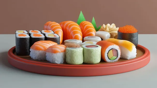 Bunte Sushi-Platte mit Lachs und Kaviar