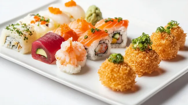 Bunte Sushi-Platte mit Meeresfrüchten und Reis