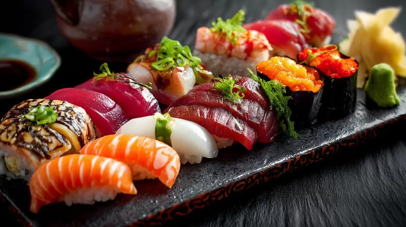 Bunte Sushi Platte mit verschiedenen Nigiri auf schwarzem Teller