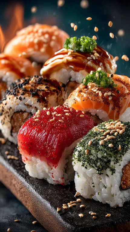 Bunte Sushi-Vielfalt mit Sesam auf schwarzem Stein