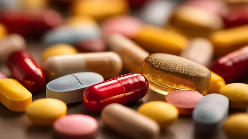 Bunte Tabletten und Kapseln in Großaufnahme auf Holz