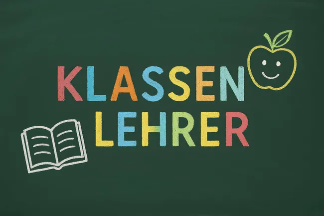 Bunte Tafel mit Kreidezeichnung 'Klassenlehrer'