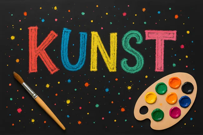 Bunte Tafel mit Kunstwerken und Malwerkzeugen