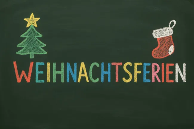 Bunte Tafel mit Weihnachtsmotiven und Schriftzug